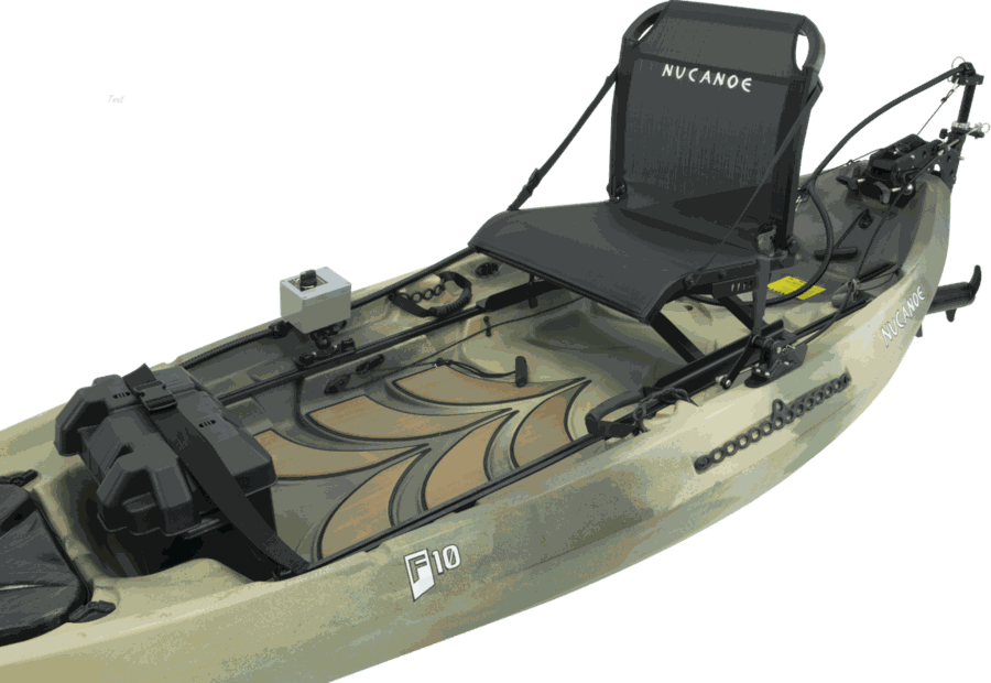 A NuCanoe rigged with a seat, rod holders and accessories